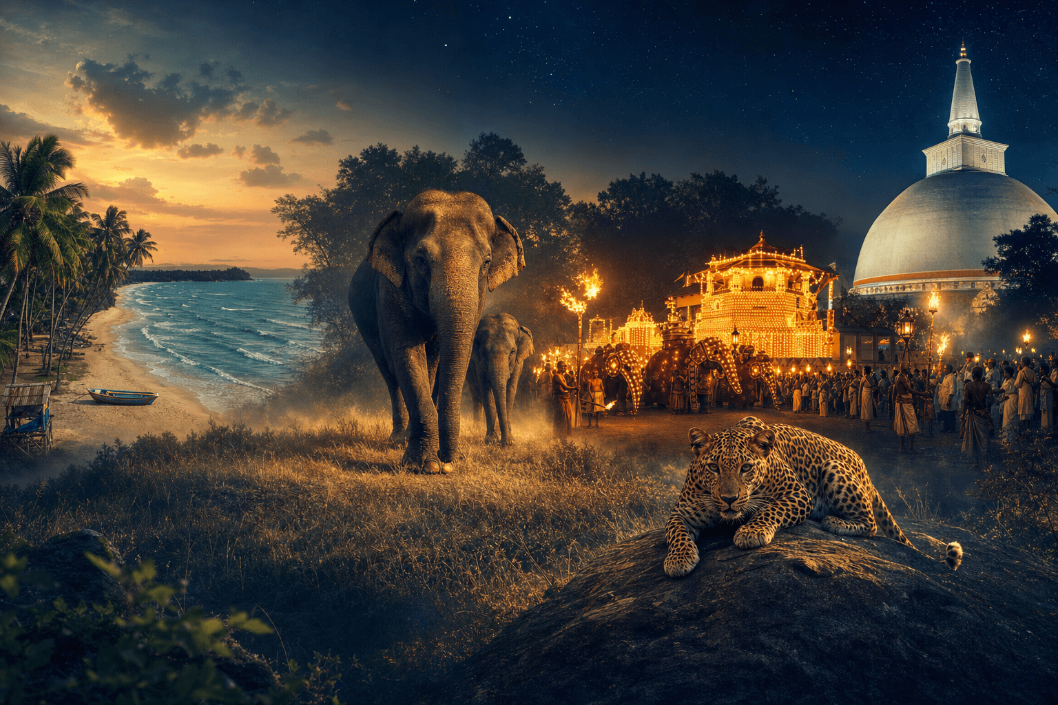 Cinematic Sri Lanka journey blending Nilaveli beach, wild elephants, leopard, Dalada Perahera, and Ruwanwelisaya with Kiara Tours